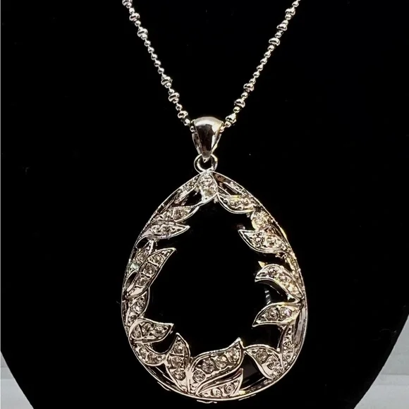 Silver-Tone Teardrop Obsidian Stone Encased Crystal Pendant & Matching Earrings - Picture 9 of 9